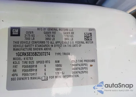 2011 Chevrolet Silverado 1500 Lt z USA, uszkodzony, nr VIN 1GCRKSE35B2300727